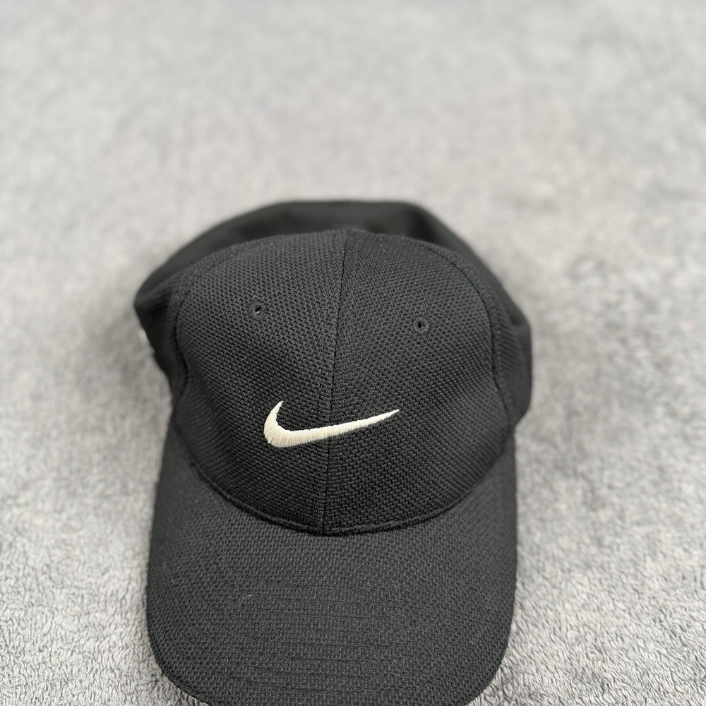 VINTAGE Nike One Hat Cap Mens Stretch Back Black‎ Center Swoosh Logo